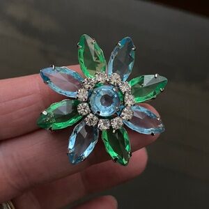 Vintage Blue & Green Rhinestone Flower Brooch